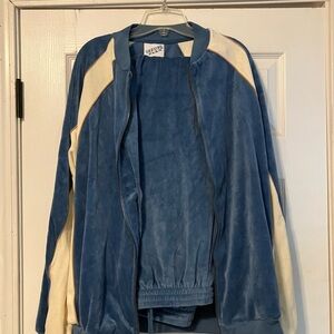 VTG Irvine Park Velour Jacket Pants Mens L Blue Cream 90s Lounge Outfit